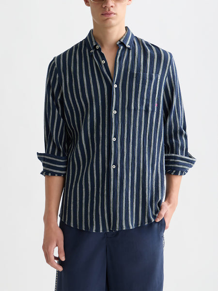 Navy & Garden Green Striped Crinkle Shirt