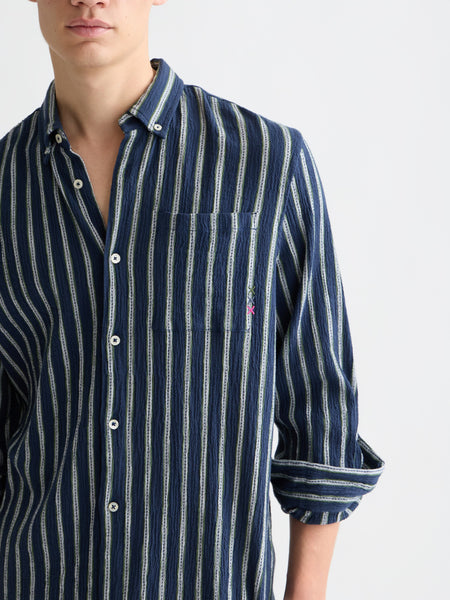 Navy & Garden Green Striped Crinkle Shirt