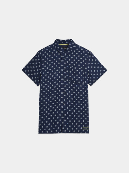 Linen S/S Shirt in Navy with Allover Print