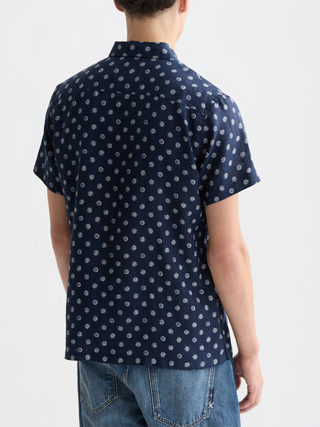 Linen S/S Shirt in Navy with Allover Print
