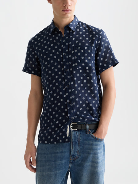 Linen S/S Shirt in Navy with Allover Print