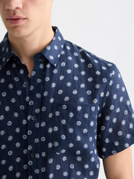Linen S/S Shirt in Navy with Allover Print