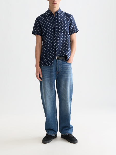 Linen S/S Shirt in Navy with Allover Print