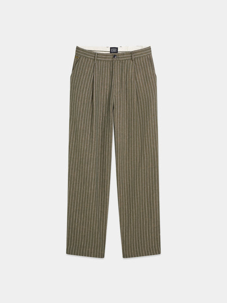 Relaxed Fit Green Striped Cotton/Linen Pant