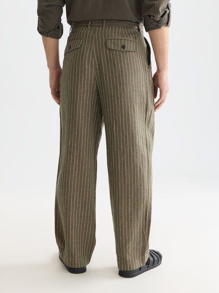 Relaxed Fit Green Striped Cotton/Linen Pant