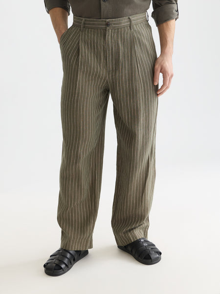 Relaxed Fit Green Striped Cotton/Linen Pant