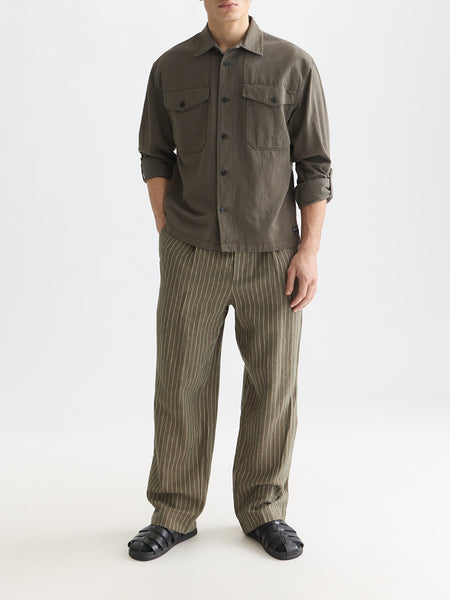 Relaxed Fit Green Striped Cotton/Linen Pant