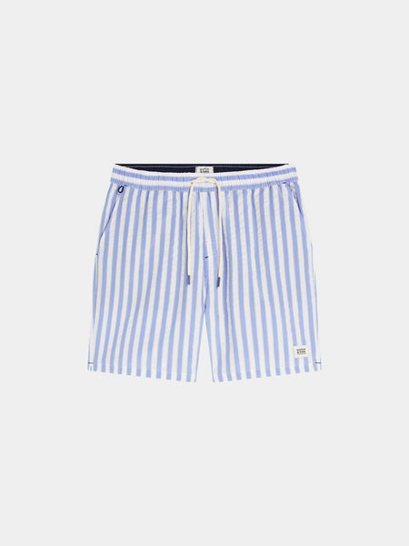 Mid Length Swim Shorts -Blue & White Stripes
