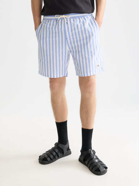 Mid Length Swim Shorts -Blue & White Stripes