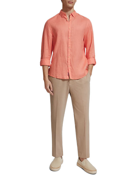 Regular Fit 100% Linen Shirt - Coral Reef