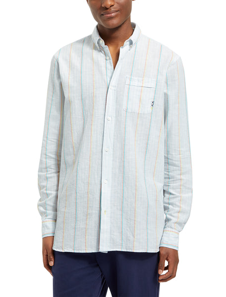 Cotton & Linen Yarn Dyed Blue White Striped Shirt