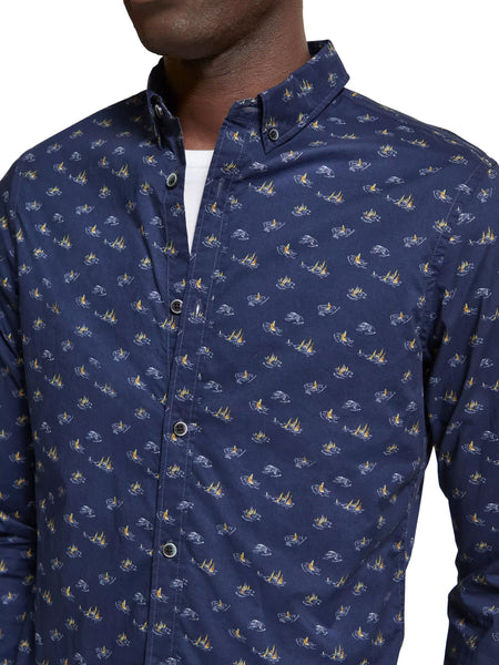 Slim Fit Navy Blue Sailboat Allover Print