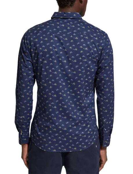 Slim Fit Navy Blue Sailboat Allover Print