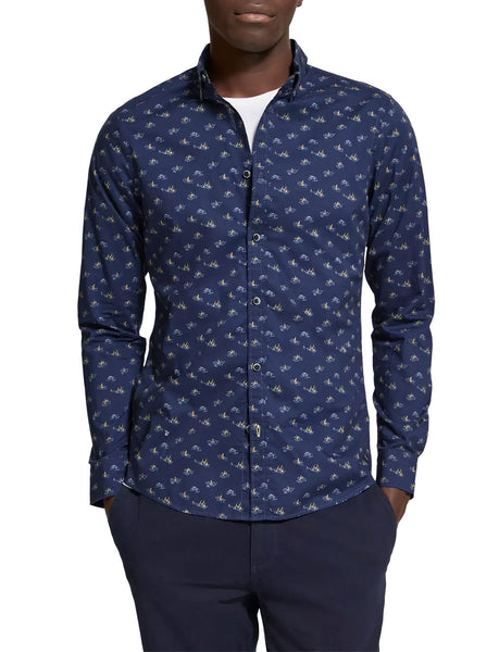 Slim Fit Navy Blue Sailboat Allover Print