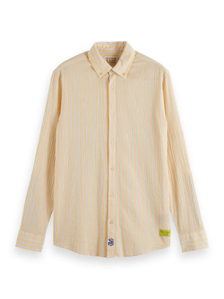 Regular Fit Organic Cotton Crinkle Stripe Shirt - White/Yellow