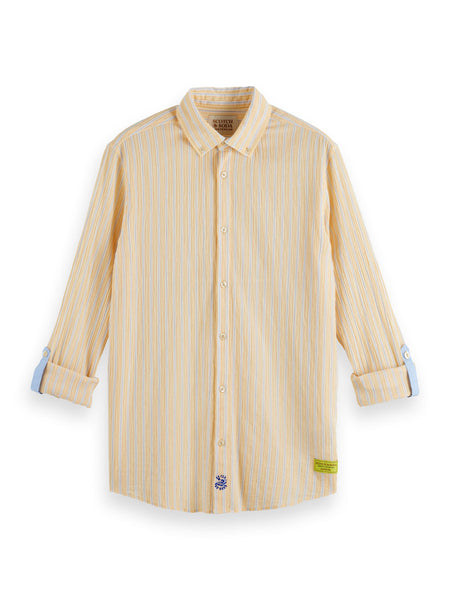 Regular Fit Organic Cotton Crinkle Stripe Shirt - White/Yellow