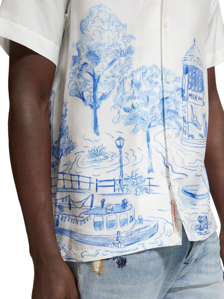 Short Sleeve White/Blue Placement Print