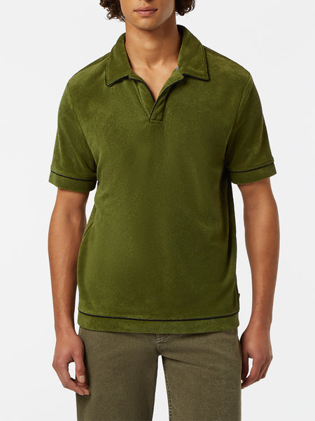 Toweling Polo in Army Green with Trim